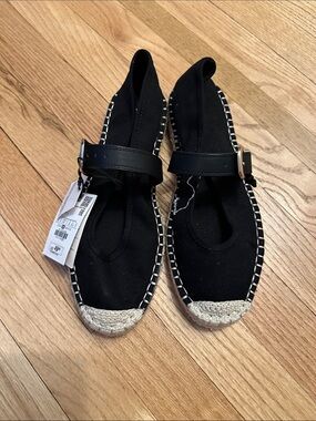 Zara Black Canvas Espadrille Mary Jane Flats with Buckle